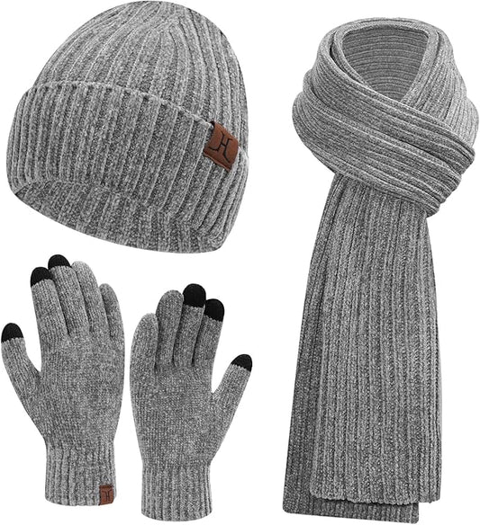 Womens Winter Knit Warm Hat Beanie Long Scarf Touch Screen Gloves Set Skull Caps Neck Scarves for Women