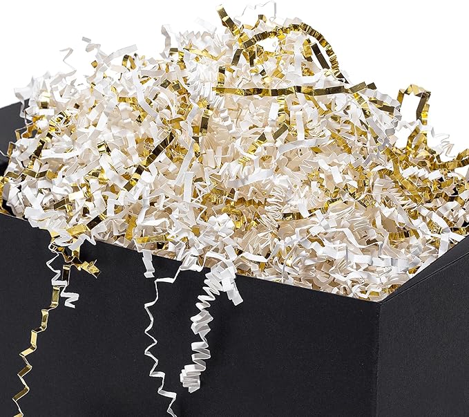 Mefleet 1/2 LB Crinkle Cut Paper Shred Filler 8 oz White & Gold Crinkle Shredded Paper for Gift Box - Gift Basket Bag Filler - Grass Cushion Stuffing for Easter, Mother's day, Birthday Packaging Wrapping