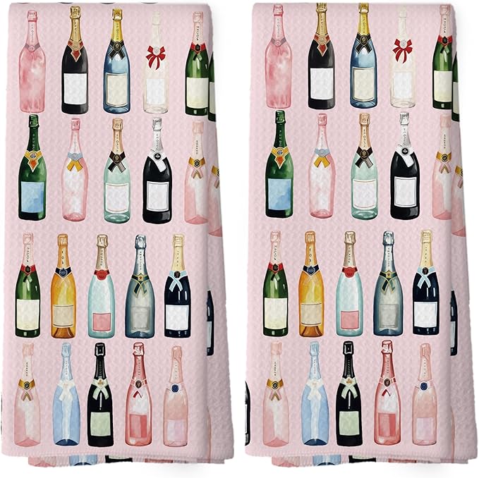 Pink Champagne Kitchen Towels Set of 2, Champagne Accessories Home Bar Bathroom Decor, Champagne Gifts for Women, Cocktail Gift Bachelorettes Decorative Tea Dish Towels 16x24 Inch