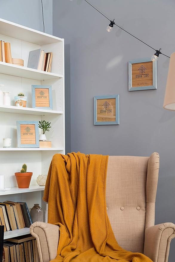 Rustic Wooden Square Picture Frames 8x8 - Set of 2 -100% Natural Eco Distressed Wood with Real Glass for Wall Mounting and Tabletop Photo Frame - Blue Turquoise
