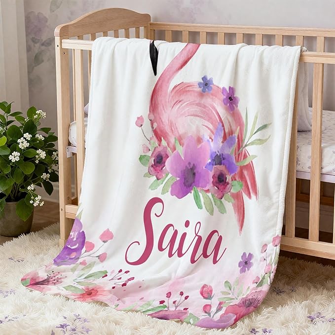 Personalized Baby Blanket with Name, Customized Soft Animals Flannel Blankets for Newborn Boys Girls and Toddlers, for New Mom, Infant Birthday Gift, Flamingo