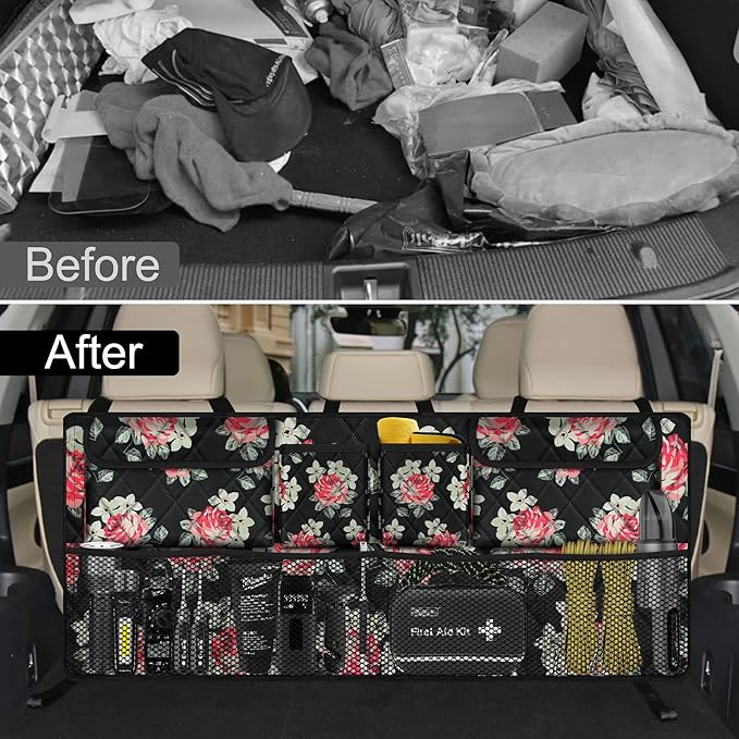 Femuar Car Trunk Organizer,Large Capacity Backseat Trunk Organizer(42"*18"),Collapsible Car Storage Bag with 8 Pocekt,Car Organizer for SUV/MPV/Truck - Floral