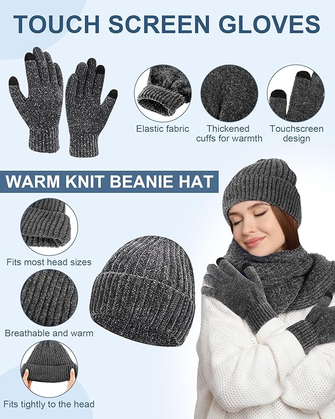 Geyoga 6 Pcs Winter Knit Set Beanie Hat Long Scarf Touchscreen Gloves Ear Muff Socks Warm Valentine Gift for Women Men Snow(Dark Grey,Classic Style)