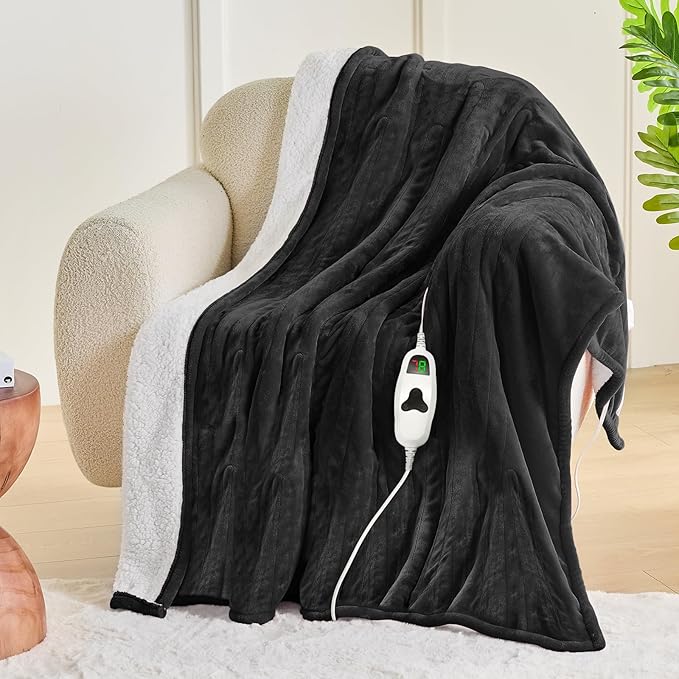 greenoak Heated Blanket Electric Throw 50"X60", Heating Blanket with 10 Heat Levels 8 Hours Auto-Off,Fleece Soft Blanket, Birthday Gifts for Grandma Seniors, Lacquered Black