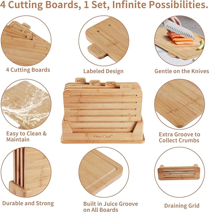 14.56"L x 11"W Bamboo Cutting Board Set of 4 - Wood Cutting Board Set with Holder, Chopping Boards Set with Food Icons, Juice Groove - Ideal for Meat, Fish, Bread, Vegetable, Fruit Chopping