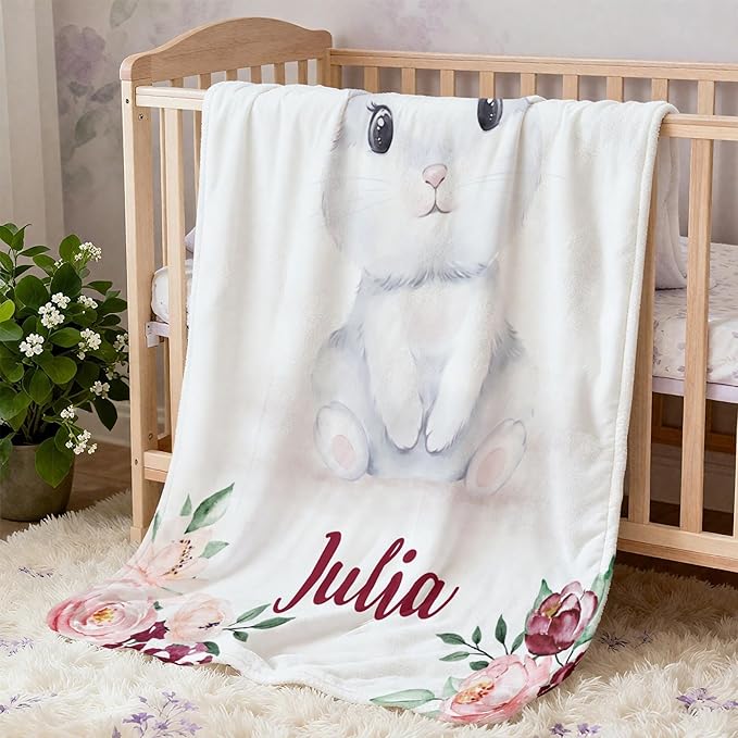 Lovely Bunny Baby Girl Blankets with Name, Personalized Baby Blankets for Girls Newborn and Toddler, Customized Baby Blankets Super Soft Breathable Fleece “30x40