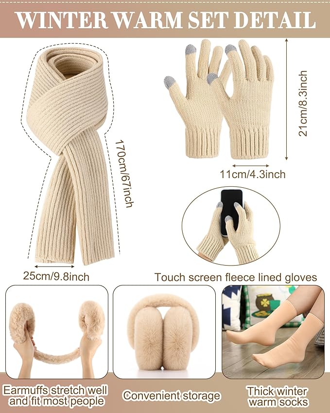 Geyoga 6 Pcs Winter Warm Fleece Knit Hat Long Scarf Touchscreen Gloves Ear Muffs Socks Sets, Winter Warm Gifts for Women