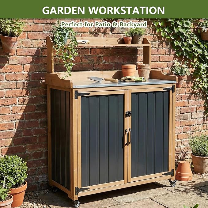 Ketive Outdoor Potting Bench with Storage, Potting Table with Metal Top, Garden Workstation Cabinet with Shelf, Rolling Outdoor Work Table for Backyard Patio Gardening
