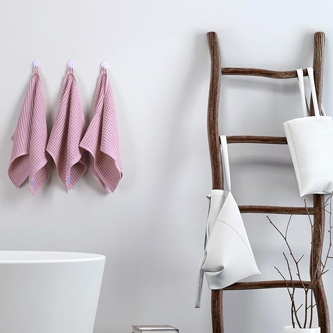 PÜSKÜL - Set of 3 Organic Waffle Hand Towel Pink - Premium Quality, 100% Turkish Cotton, Soft, Quick-Dry, Absorbent, Lint-Free Face Kitchen Hand Towels (Pink Powder, Hand Towels - Pack of 3)