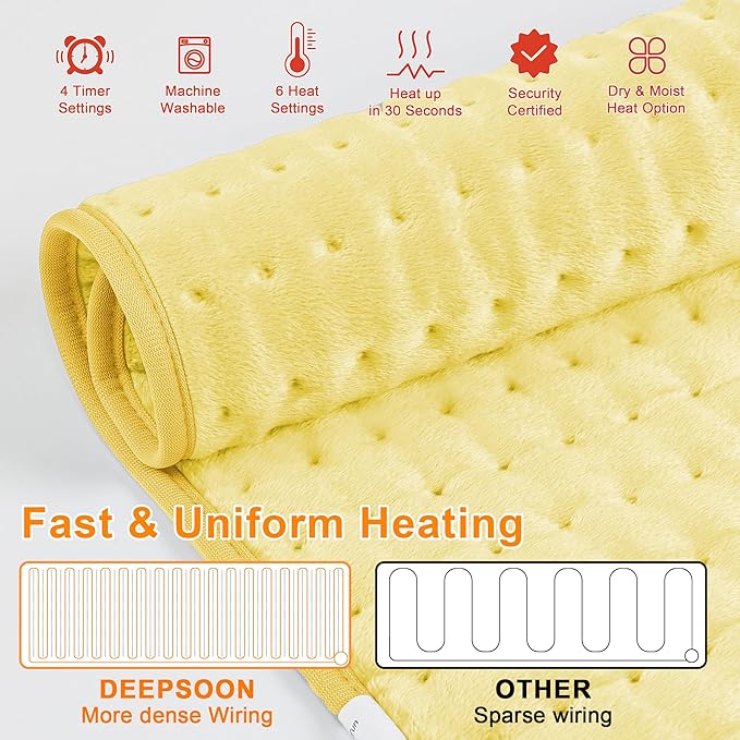 Deepsoon Heating Pad,Electric Heating Pads for Back,Neck,Abdomen,Moist Heating Pad for Shoulder,Knee,Arms,Legs,Dry/Moist Heat & Auto Shut Off,Christmas Gifts for Men and Women,Light Yellow,24x12 Inch