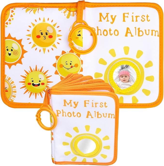 Sun Baby' s My First Family Album Cute Cartoon Sun Photo Album Holds 4x6" Pictures Soft Photo Cloth Book with Safety Mirror for Newborn Baby Shower Toddler Kid