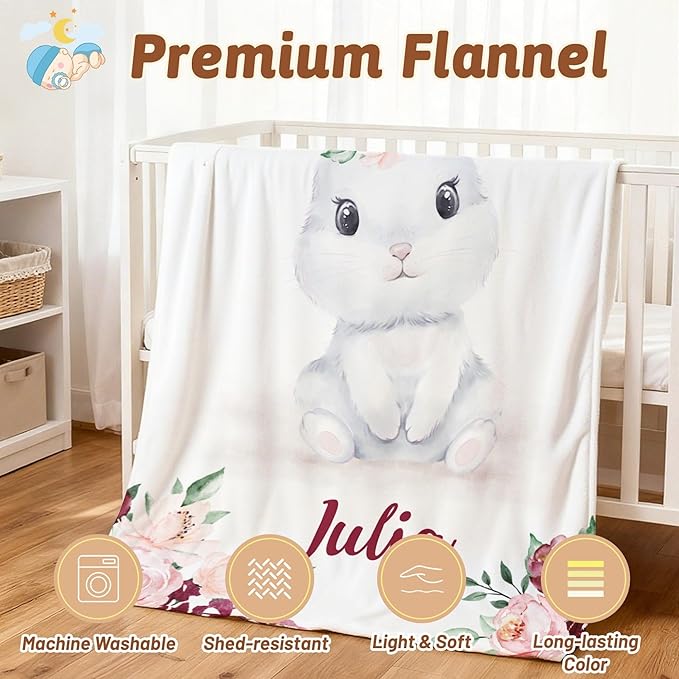 Lovely Bunny Baby Girl Blankets with Name, Personalized Baby Blankets for Girls Newborn and Toddler, Customized Baby Blankets Super Soft Breathable Fleece “30x40