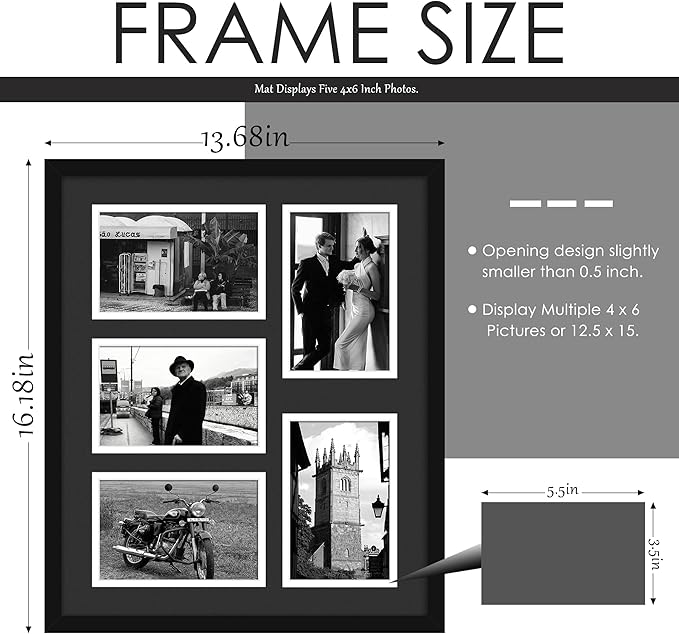 12.5x15 Collage Picture Frame, 4x6 Collage Picture Frame, Displays Five 4x6 inch Photos, Wall Decor Wall Hanging or Tabletop, Black Mat.
