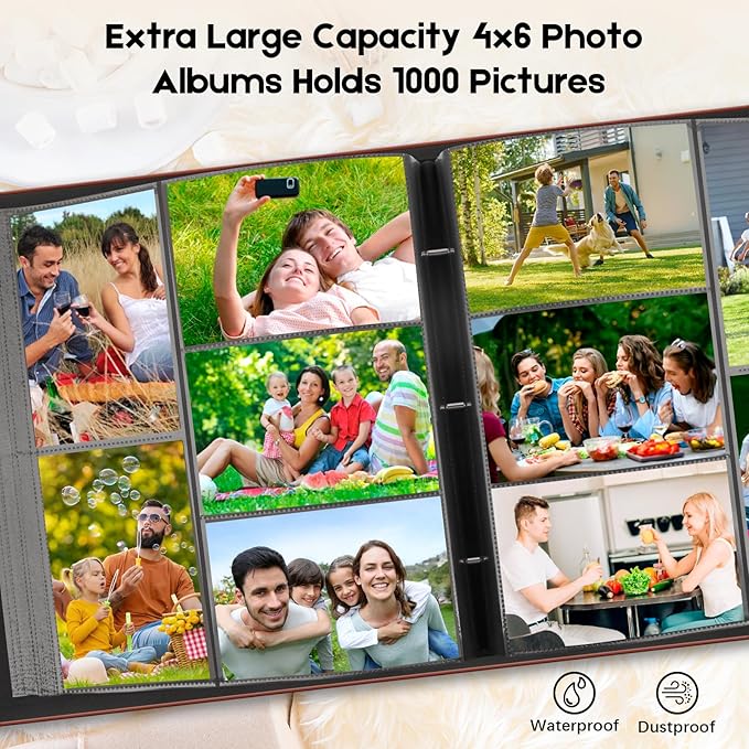 1000 Pocket Photo Album 4x6 Leather Cover, Extra Large Capacity Holds 1000 Horizontal and Vertical Photos, Acid Free Non Stick Pages with Front Window, Perfect for Wedding Family Baby Memories (Brown)