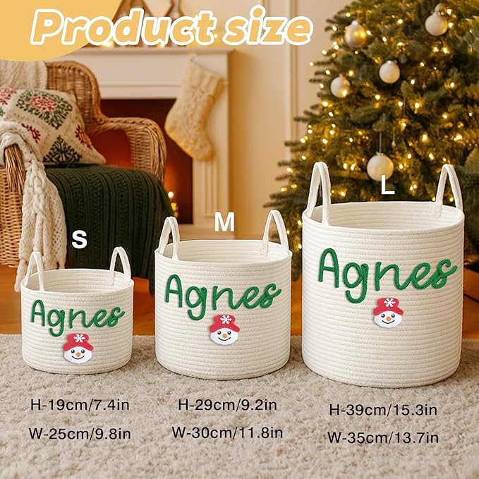 Custom Christmas Baskets for Gifts Empty, Personalized Woven Gift Basket with Kids Name, Baby Toy & Gifts Storage Basket With Name, Christmas Gift for Baby Kids Toddler