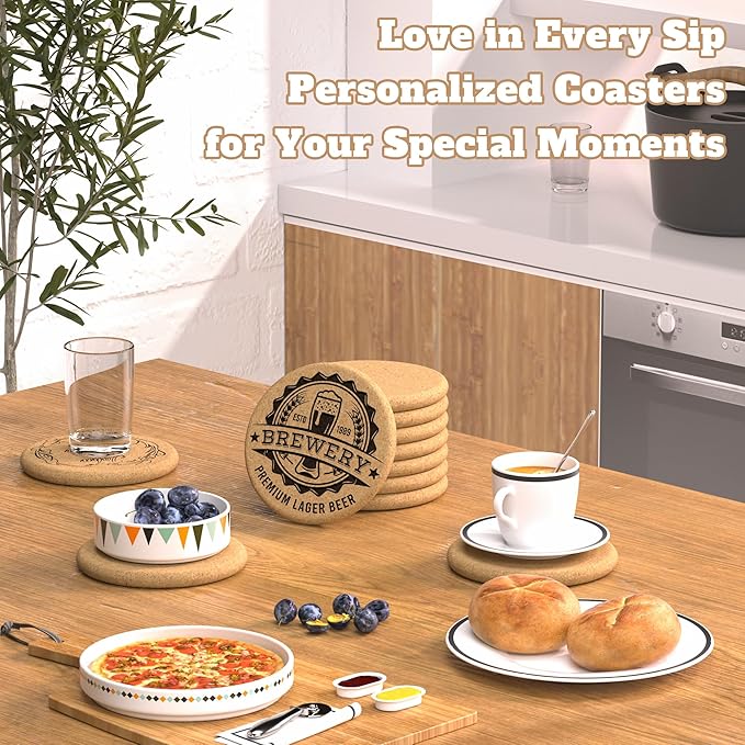 30 Custom Coasters, Personalized Cork Coaster Laser Engraved with Own Design Logo Text, Non-Slip Heat-Resistant Custom Cork Coaster for Wedding, Anniversary, Family Reunion Gifts (Lip Round)