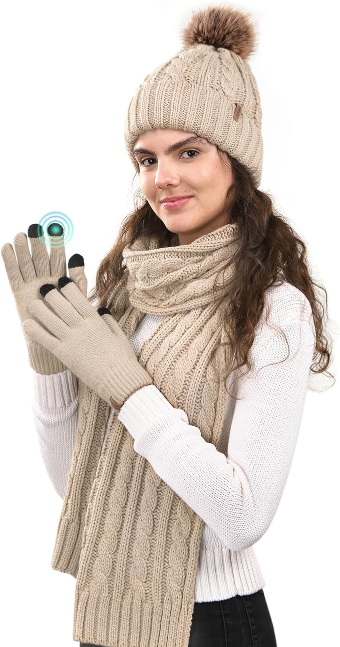 FURTALK Womens Winter Hat Gloves Scarf Set Fleece Knit Pom Beanie Warm Neck Warmer Touchscreen Gloves 3 in 1 Gift Set