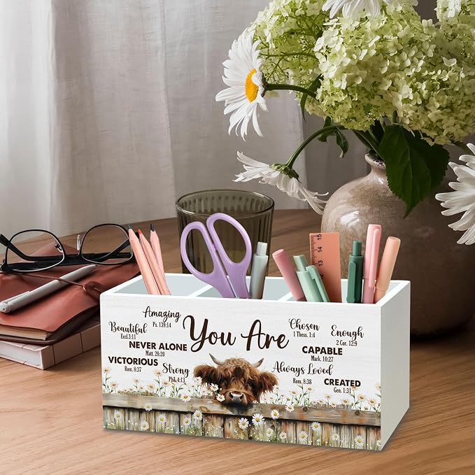 DILSJ Inspirational Highland Cow Pen Pencil Holder Organizer for Desk, Highland Cow Gifts for Women, Be Kind Be Brave Decor Wooden Box Signs for Home Office Desk Decoration Office & School Supplies