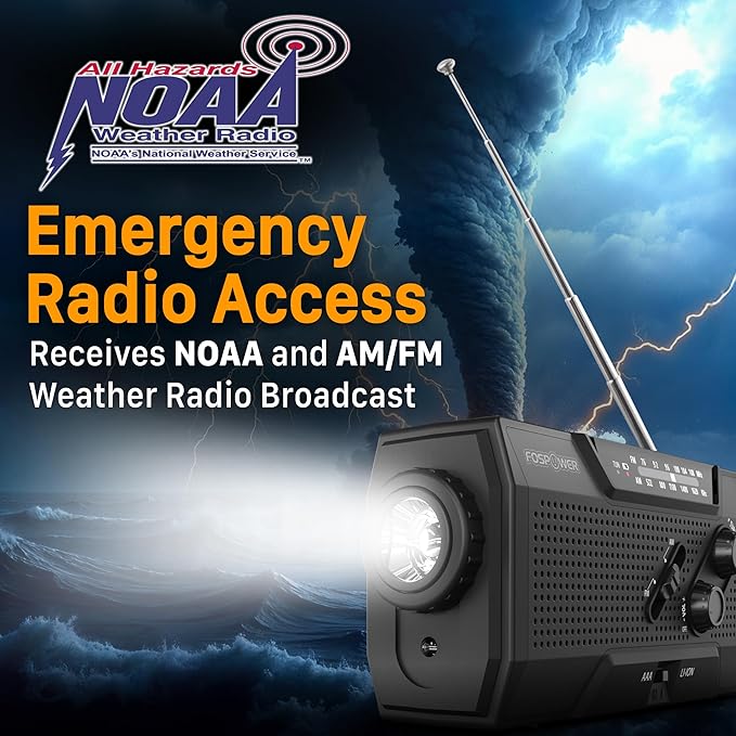 FosPower NOAA Emergency Weather Radio A1 7400mWh Portable Power Bank, AM/FM, USB/Solar/Hand Crank Charging, Battery Operated, SOS Alarm & Flashlight for Indoor/Outdoor Emergency - Black