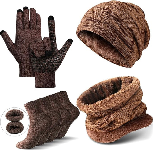 Winter Fleece Lined Beanie Hat Scarf Sock Touchscreen Gloves Set for Men Women
