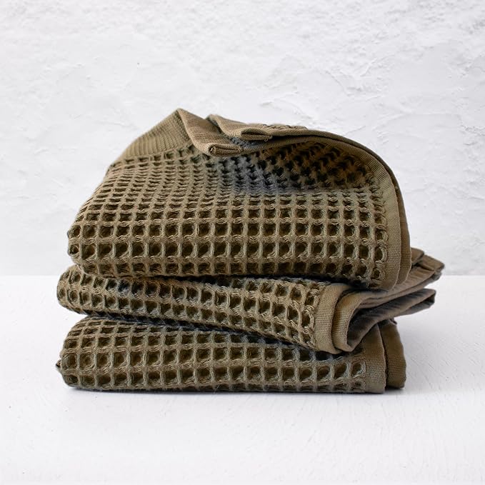 PÜSKÜL - Set of 3 Organic Waffle Hand Towel Khakie - Premium Quality, 100% Turkish Cotton, Soft, Quick-Dry, Absorbent, Lint-Free Face Kitchen Hand Towels (Khaki Green, Hand Towels - Pack of 3)