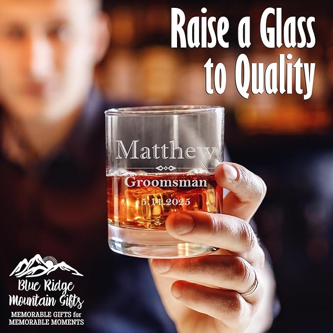 Blue Ridge Mountain Gifts Personalized Engraved 11oz Whiskey Glass – Custom Groomsmen Gift for Wedding Party – Etched Rocks Glass for Bourbon, Scotch, and Cocktails (4)