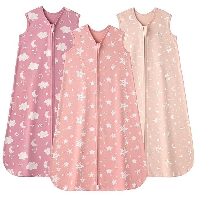 Baby Sleep Sack 18-24 months, 100% Cotton Sleeping Sack for Toddler, 3 Pack Baby Wearable Blanket, 0.5 Tog Lightweight Double Zipper Sleep Bag XLarge Pink Stars Moon