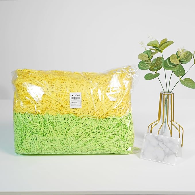 Bobobag - 1LB Easter Crinkle Cut Paper Shred Filler Recyclable Gift Wrap confetti Raffia Grass Shred Paper for Easter Baskets Filler Creative Eggs Decor (Yellow & Green)