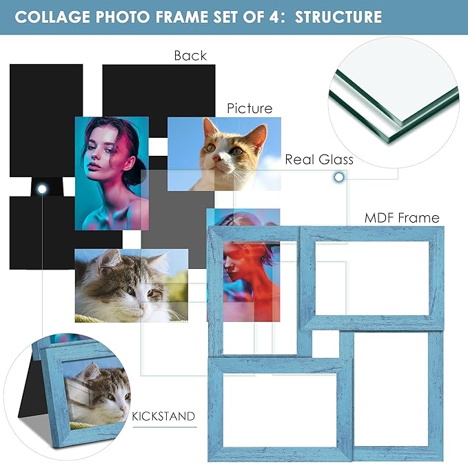4x6 Collage Picture Frame Tempered Glass Front, Displays Four 4x6 Photo, Family Photo Collage Frame, Wall Decor Wall Hanging or Tabletop, Blue