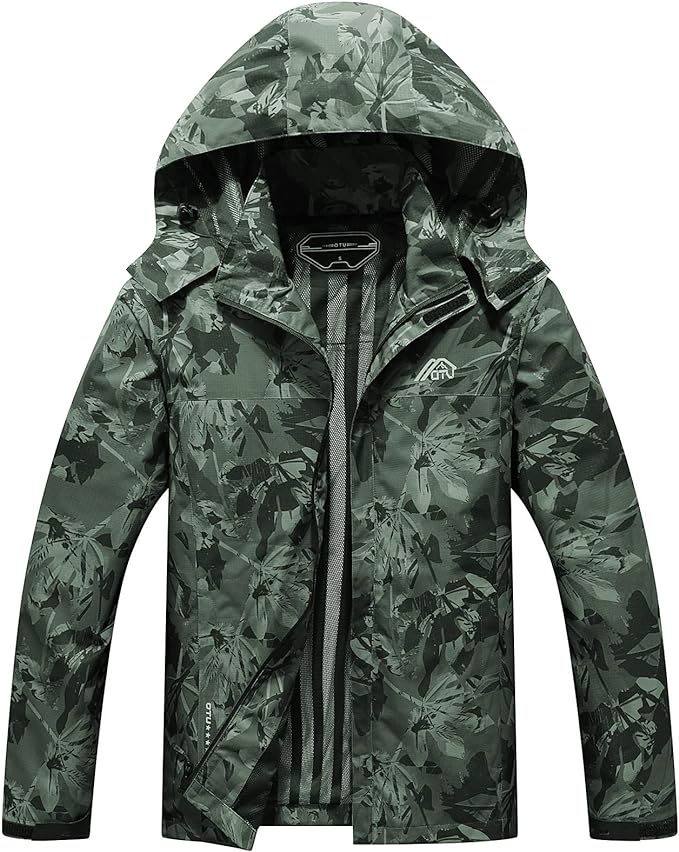 OTU Men's Lightweight Waterproof Hooded Rain Jacket Outdoor Raincoat Shell Jacket for Hiking Travel