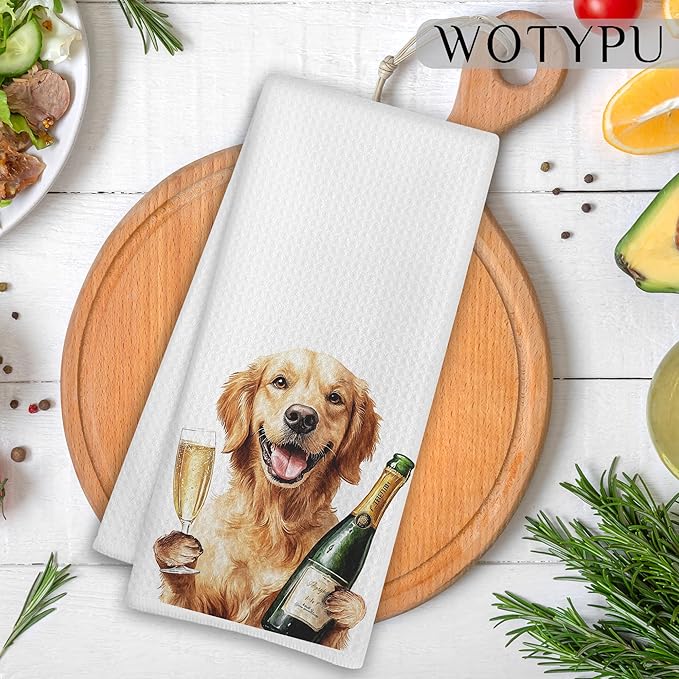 Golden Retriever Gifts Kitchen Bar Towels, Dog Lover Gifts Dish Tea Towel, Funny Golden Retriever with Champagne Decorative Hand Towels for Kitchen Bar Cart Decor, 16x24 Inch