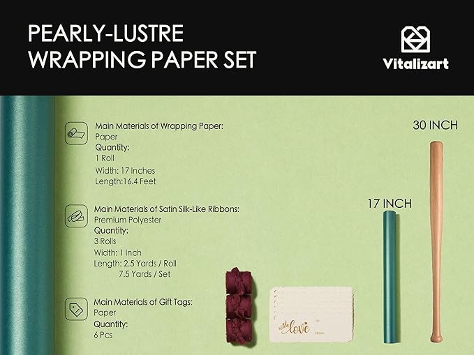 Vitalizart Green Wrapping Paper Set 17" Pearly-Lustre With Silk Like Satin Ribbon & Gift Tags Recyclable Christmas Gift Wrapping Birthday Baby Shower Wedding Handmade Crafts 197"(16.4 Ft)