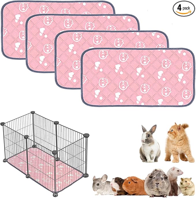 4 Pack Guinea Pig Bedding - Washable Guinea Pig Liners for C&C 2x1 Cage, Waterproof Reusable & Anti Slip Pee Pads Super Absorbent Mats for Small Animal Rabbit Hamster Rat (Pink, 28 x 14 Inch)