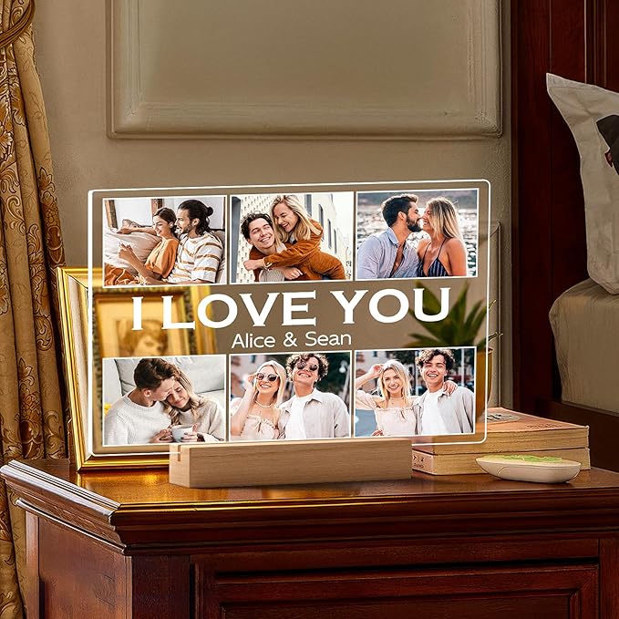 Personalized Picture Frame with Photo, Customized Photo Frame with Night Light, Custom Picture Frames, Personalized Anniversary Christmas Gifts for Women Men Her Him Girlfriend Boyfriend Couple
