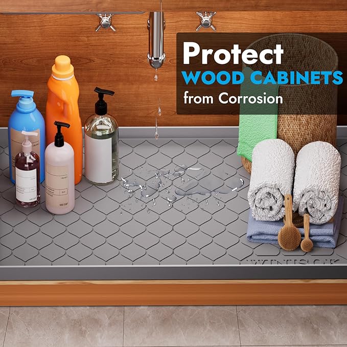 Silicone Under Sink Mat 31" x 19", kitchen Essentials and Gadgets, Shelf liner and Cabinet Protector, Home Organizers and Storage, Waterproof Bathroom Tray