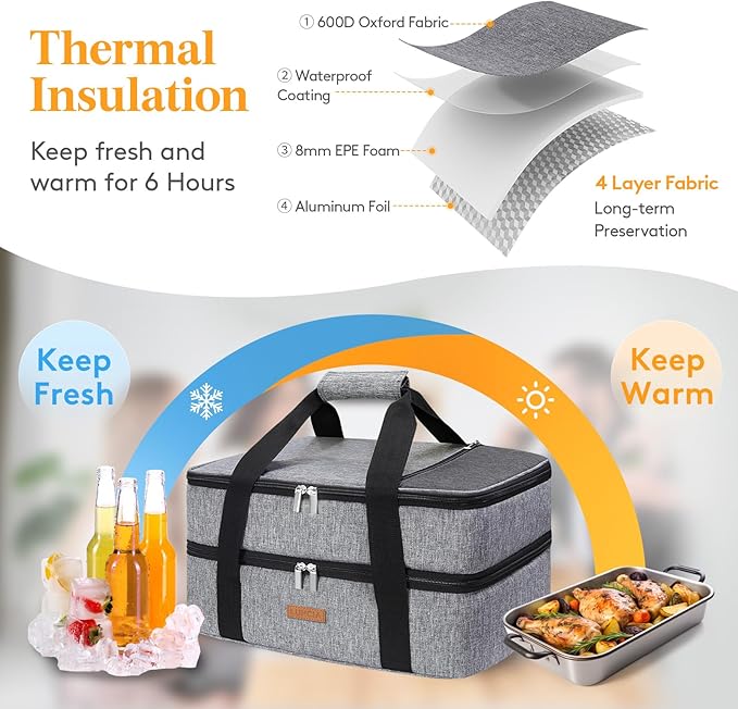 LUNCIA Insulated Double Decker Casserole Carrier, Lasagna Lugger Tote Keeps Food Hot or Cold, Thermal Lunch Bag for Potluck Parties, Picnic and Cookouts, Fits 9" x 13" Baking Dish, Grey