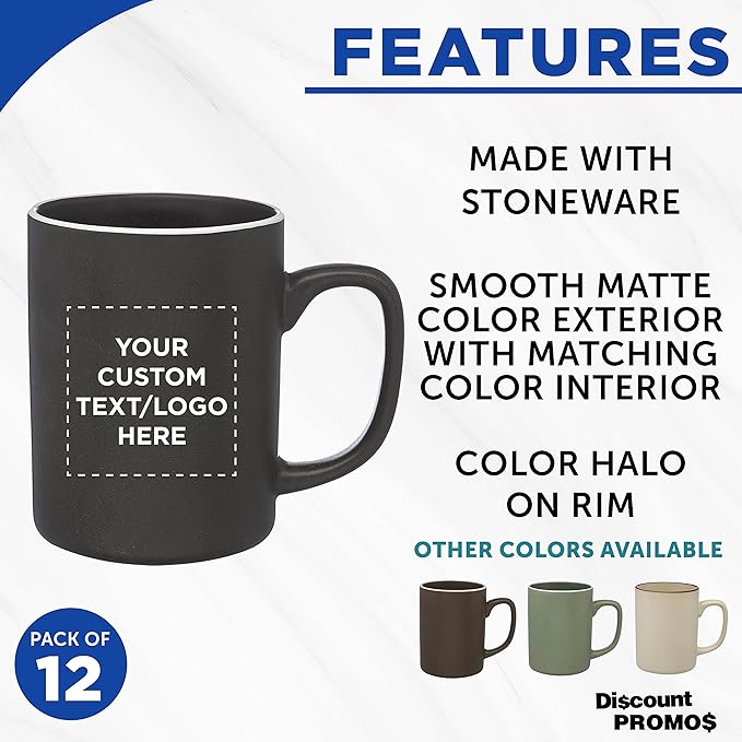 Custom El Grande Matte Ceramic Mugs 20 oz. Set of 12, Personalized Bulk Pack - Perfect for Tea, Espresso, Cappuccino, Hot Cocoa - Charcoal