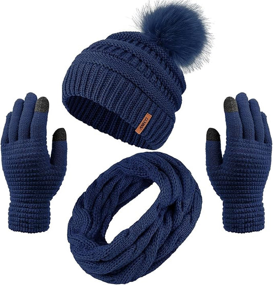 Aneco Womens Winter Warm Sets Knitted Fur Pompoms Beanie Hat Circle Loop Scarf Touch Screen Gloves Winter Favor Accessories