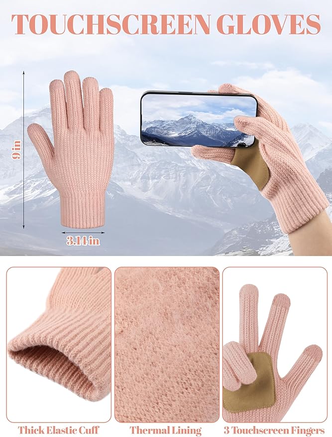 LOROME Women Winter Beanie Hat Scarf Gloves Set, Fleece Knitted Pompom Hat Warm Neck Scarf Touchscreen Gloves Winter Gift