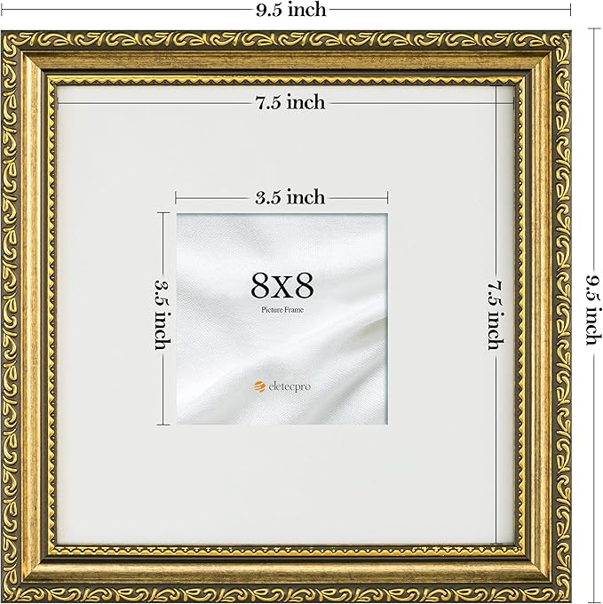 eletecpro 8x8 Picture Frames Set of 4, Vintage Photo Frame with Glass, 8 x 8 Gold Frames Display 4x4 Photo with Mat or 8x8 without Mat for Tabletop or Wall Decor, Gold