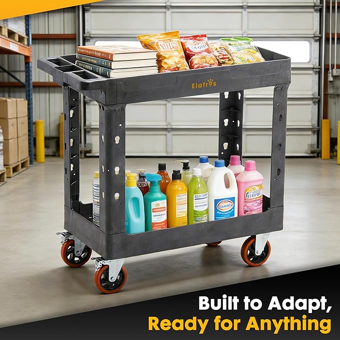 ELAFROS Heavy Duty Rolling Cart 34 x 17 Inch – 2 Tier Plastic Utility Cart, Service Cart with Deep Tub Shelves, Swivel Casters, 550 lbs, Gray