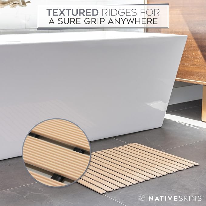 NativeSkins Faux Bamboo Bath Mat - Non-Slip Safety Lining, Waterproof, Quick-Drying for Shower, Spa, Sauna - Large 16.9 x 30.7 in Teak