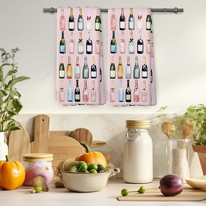 Pink Champagne Kitchen Towels Set of 2, Champagne Accessories Home Bar Bathroom Decor, Champagne Gifts for Women, Cocktail Gift Bachelorettes Decorative Tea Dish Towels 16x24 Inch
