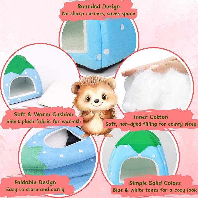 Hides for Hedgehogs Warm Winter Bed, Hedgehog Hideout Bed Nest, Hedgehog Hideout with Disposable Liners, Small Animals Warm House Cage Supplies, Hamster Cage Accessories (Blue, Pee Pads)