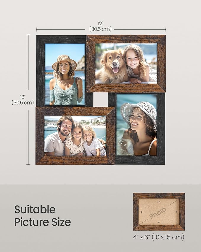 SONGMICS 4x6 Collage Picture Frames, Family Photo Collage Frame Set of 4 for Wall Decor, Glass Front, Wall Hanging or Tabletop, Christmas Gift, Ash Black and Rustic Brown URPF025K01