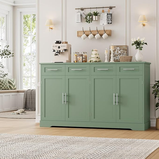 HOSTACK 60" Large Buffet Sideboard with Storage, 36" Tall Kitchen Buffet Storage Cabinet with 4 Drawers, Modern Coffee Bar Cabinet with Gold Handles, Long Sideboard Buffet Table for Kichen, Green
