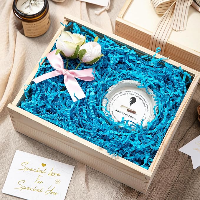 Mefleet 1/2 LB Crinkle Cut Paper Shred Filler 8 oz Blue Crinkle Shredded Paper for Gift Box - Gift Basket Bag Filler - Grass Cushion Stuffing for Easter, Mother's day, Holiday Packaging Wrapping