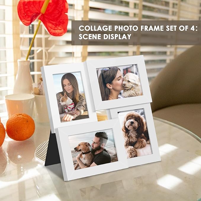 3.5x5 Picture Frame Tempered Glass Front Displays Four 3.5 x 5 Photos Frame Display for Tabletop and Wall Hanging Picture Frame White