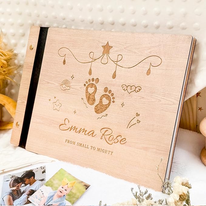 Personalized Baby Photo Album - Wooden Baby Memory Book - Custom Name Baby Scrapbook,Baby Album and Memory Book - Unique Newborn Baby Gift for New Parents