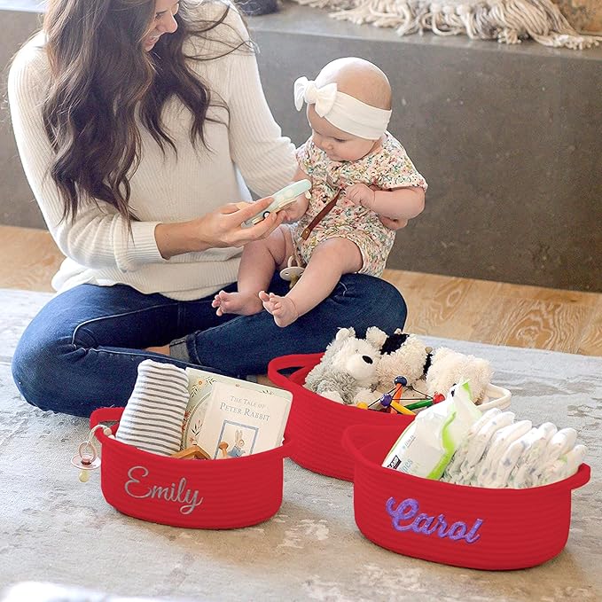 HUTARIO Personalized Woven Christmas Burr Basket Embroidered Name with Gift Bags and Ribbons,Empty Small Rope Basket，Durable Storage Custom Red Basket with Handles for Baby Showers,12"×8"×5"